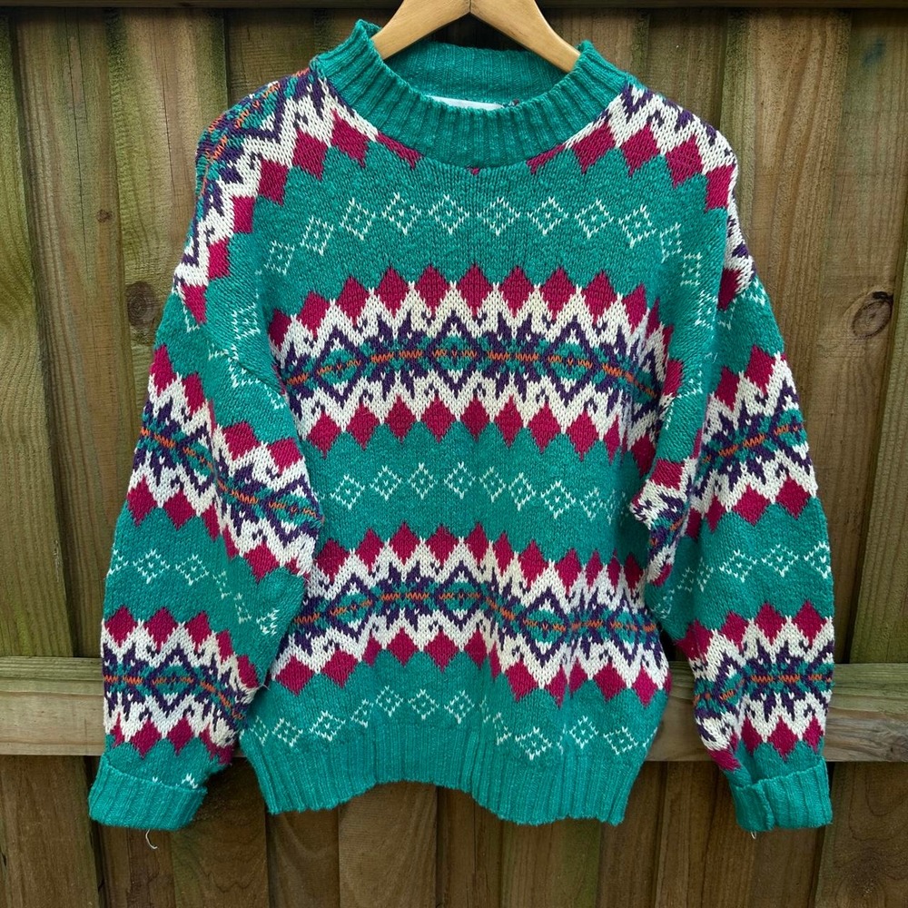 Lodge Classics 90s vintage Teal Geometric knit sweater Size Large